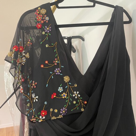 Mac Duggal Faux Wrap Multi Colored Beaded Floral Gown - Picture 12 of 14